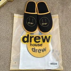 Drew house slippers black with yellow smile logo mascot house slippers - black – drew house main image 4